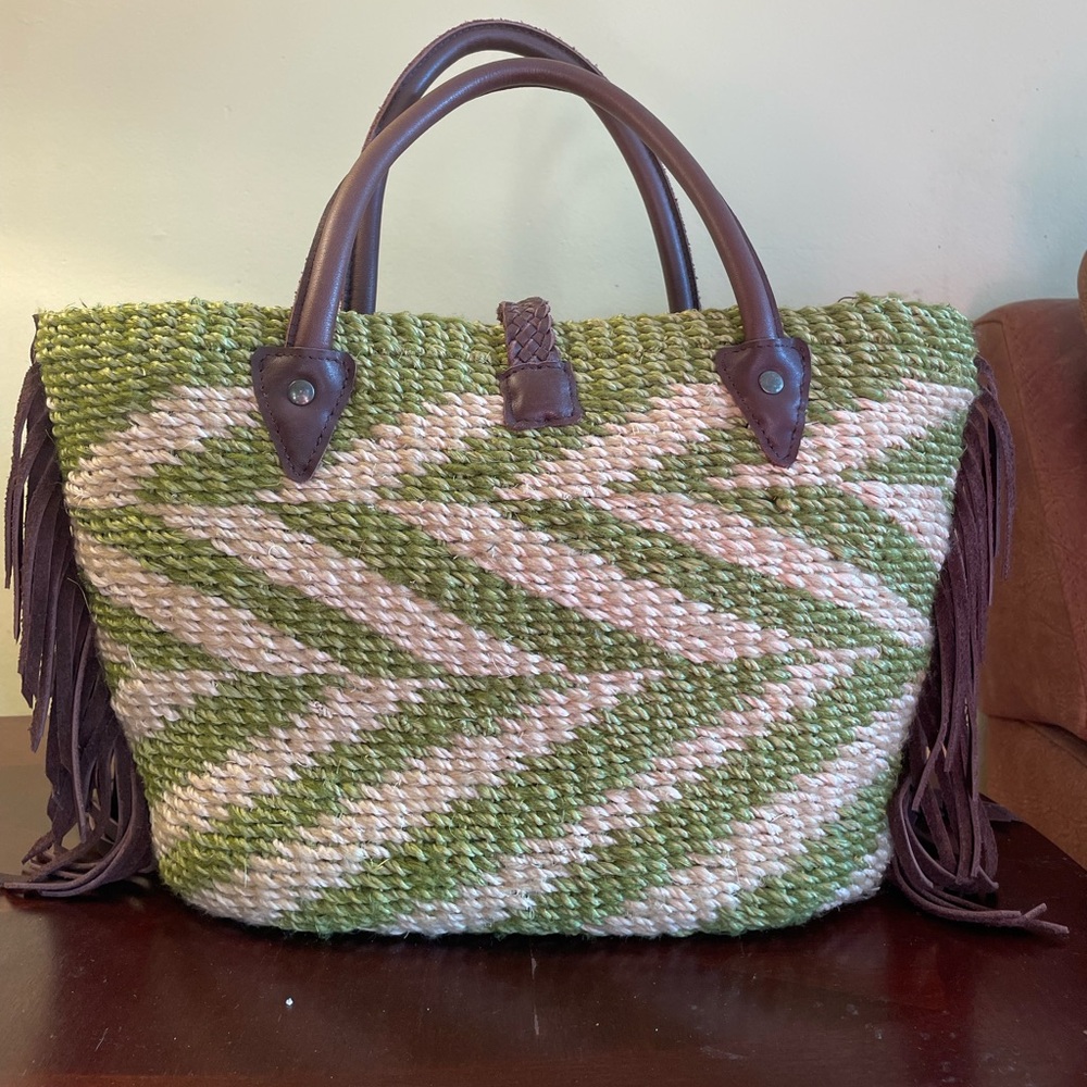 Green and Cream Woven Tote Bag